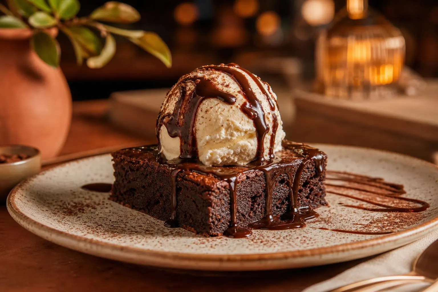 Brownie de chocolate servido com bola de sorvete de creme