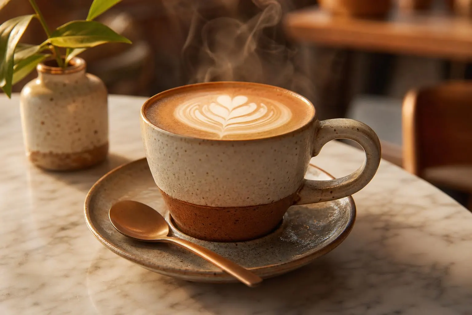 Espresso servido em xícara de porcelana sobre balcão de madeira