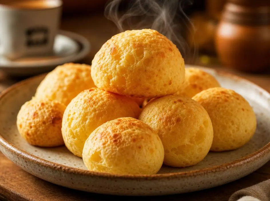 Pão de queijo artesanal recém-saído do forno, servido quente na Bettina