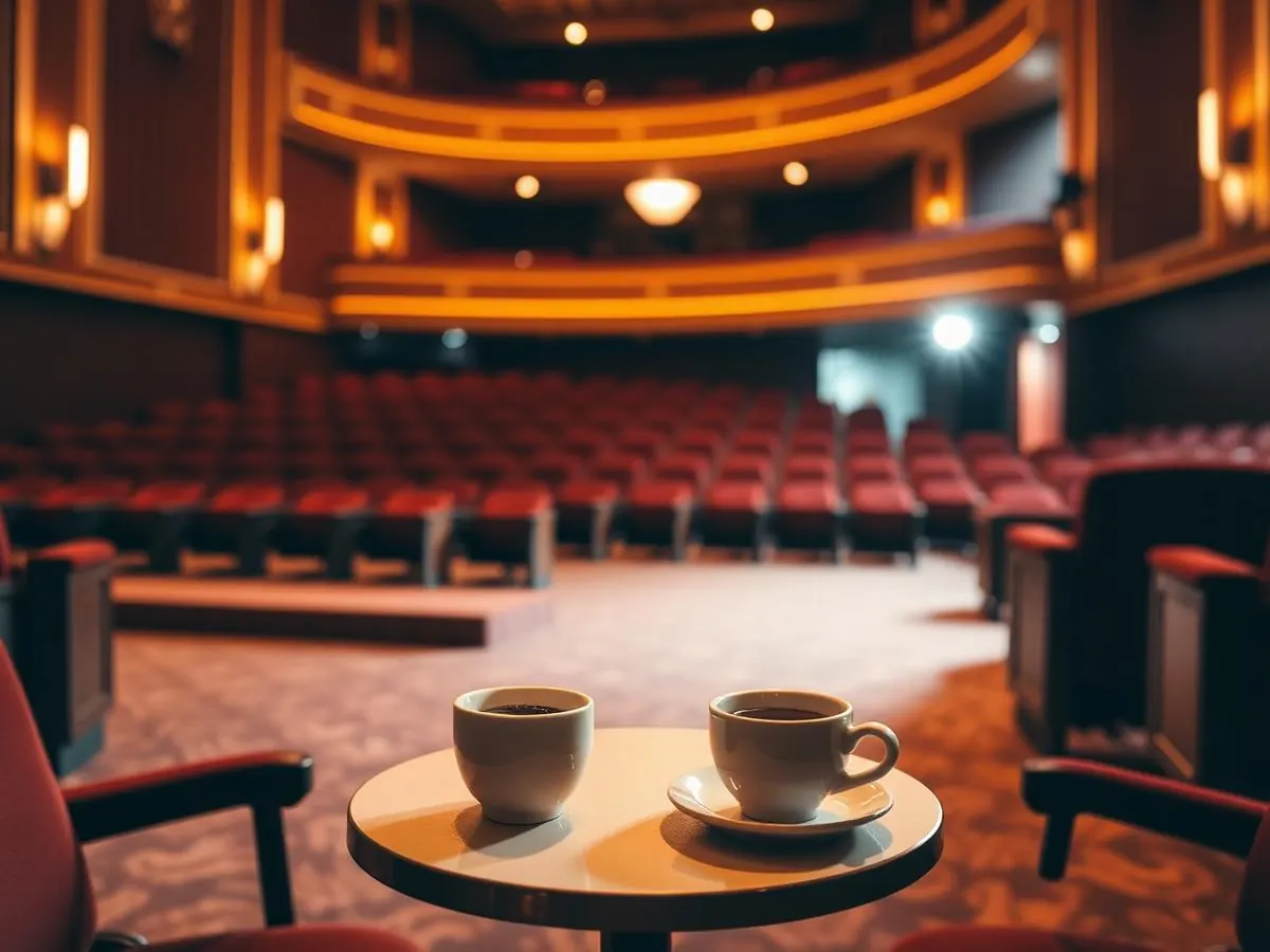 Mesa com duas xícaras de café em foyer de teatro