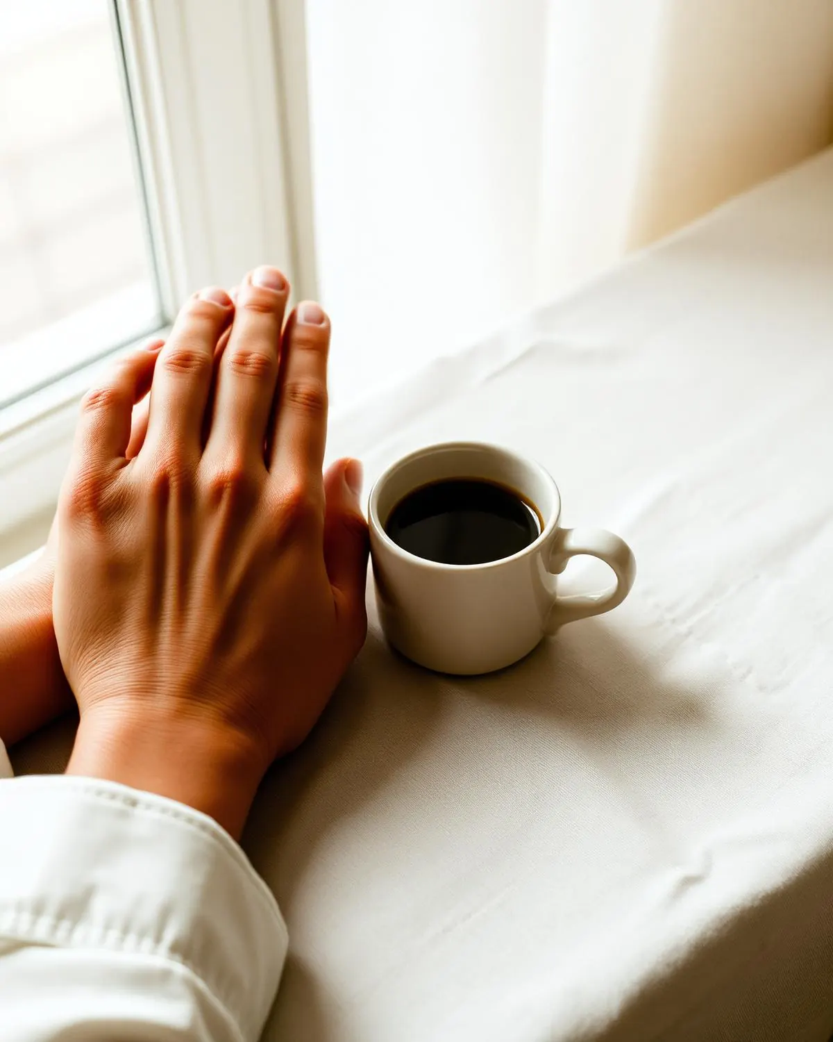 Mãos em repouso ao lado de uma xícara de café sobre mesa de linho